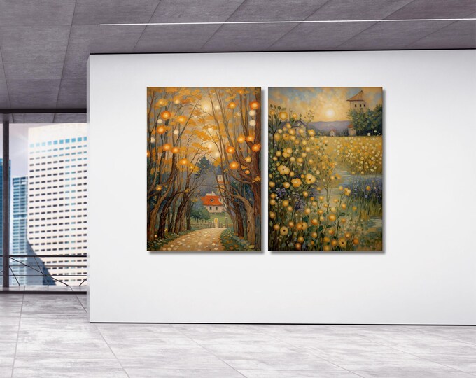 Gustav Klimt Landscape Canvas Wall Art Set, Vintage Wildflower Print