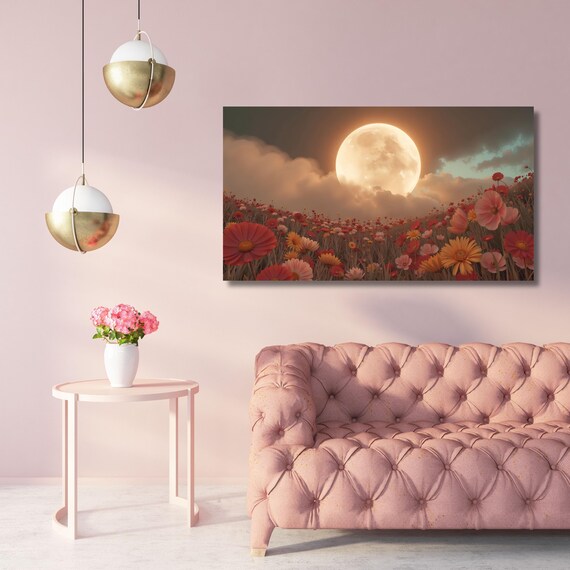 Moonlit Flower Garden Canvas Art: Rustic Floral Landscape
