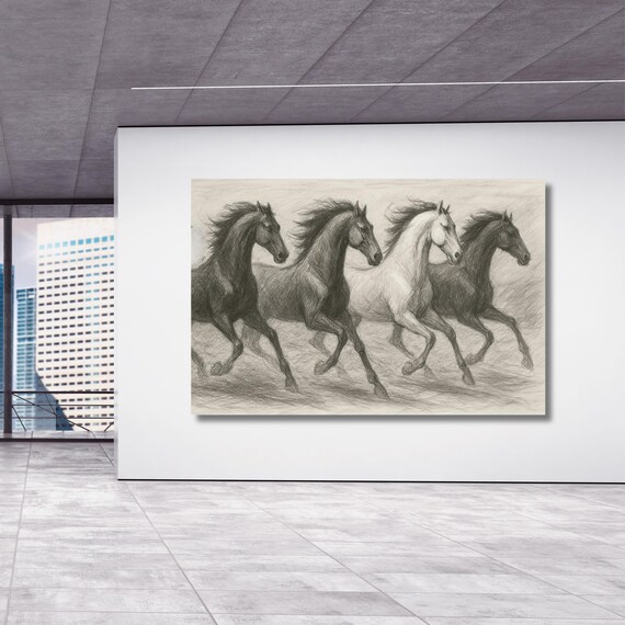 Black Pencil Work Running Horses Canvas, Running Horse Animals Canvas Print,Horse Wall Art, Colorful Print Canvas Print Canvas Ready To Hang
