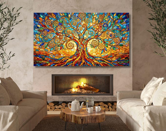 Large Horizontal Stained  Tree of life Canvas Print Vibrant Colorful Mosaic Artwork Poster Design