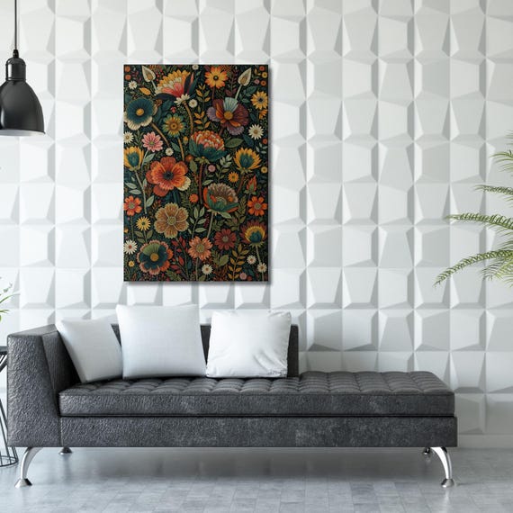 Botanical Colorful Wildflower Field Canvas Wall Art, Vintage Dark Green Wildflowers Print, Wildflower Wall Art,Modern Farmhouse Canvas decor