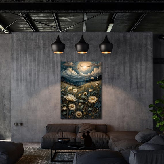 Full Moon Wildflower Canvas, Flower Garden Flower Market canvas, Moonlit Pine Tree Forest wall Art, Rustic Mountain Art, Woodland Klimt Gift