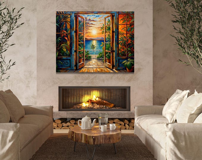 Coastal Canvas Print, Open Window Scene, Orange and Blue (Ready to Hang)