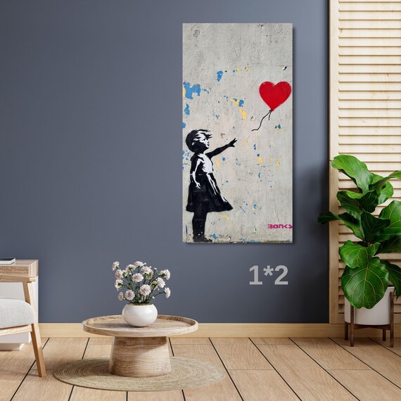 Long Narrow Banksy Girl with Balloon Canvas Wall Art - Street Art Graffiti Decor - Modern Living Room Print - Iconic Balloon Girl Replica