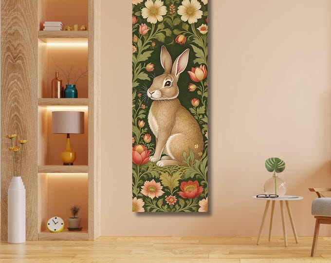 Whimsical Rabbit Canvas in William Morris Style – Long Narrow Wall Art – Vintage Animal Tapestry Print for Hallway, Nursery or Cottagecore