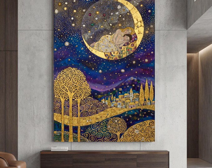 Klimt Style Canvas Print, Vertical Sunlit Trees, Modern Nature Wall Art