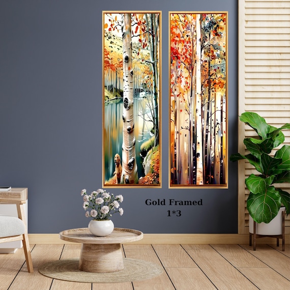 Set of 2 Tall Narrow Birch Tree Canvas – Long Vertical Forest Wall Art Decor