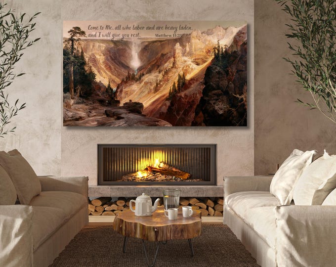 Matthew 11:28 Scripture Canvas, Come To Me All Who Labor and Are Heavy Laden, Christian Wall Art, Bible Verse Landscape Painting