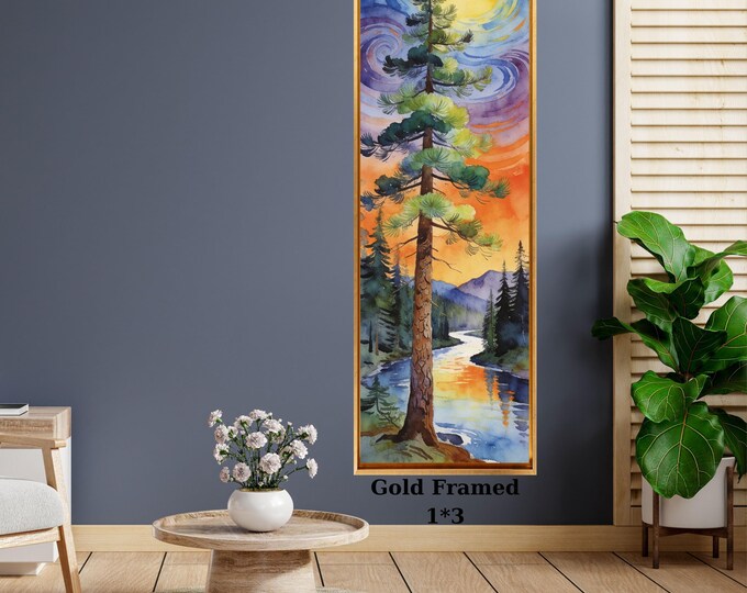 Vertical Nature Wall Art: Tall Tree and Mountain Print (Canvas or Framed)