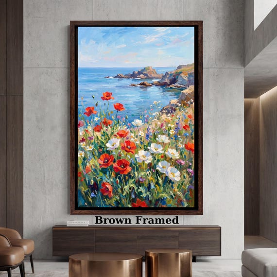 Coastal Poppy Field Canvas Art, Ocean Landscape Wall Decor, Impressionist Seascape Painting, Vertical Wildflower Meadow Print, Blue Sea Art