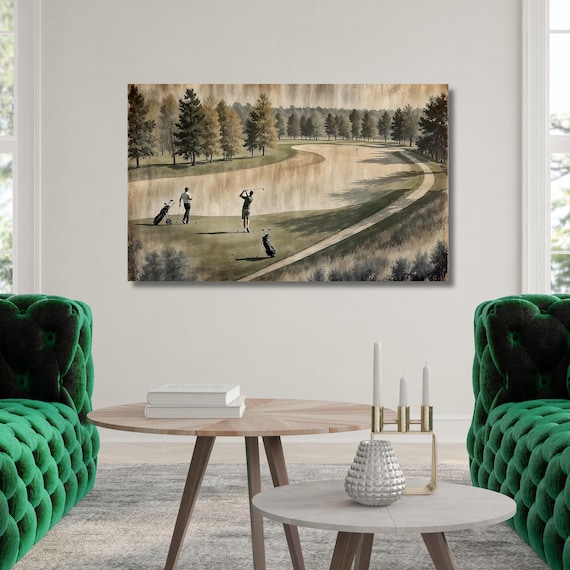 Vintage Golfers Landscape Canvas Print: Rustic Golf Course Wall Art