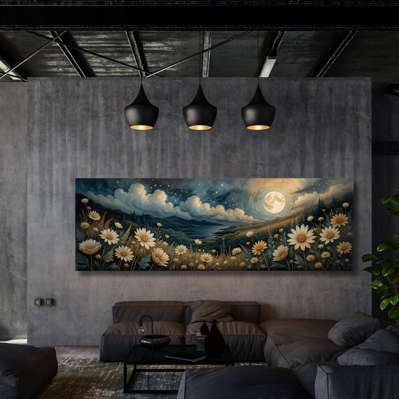 Full Moon Wildflower Canvas, Flower Garden Flower Market canvas, Moonlit Pine Tree Forest wall Art, Rustic Mountain Art, Woodland Klimt Gift