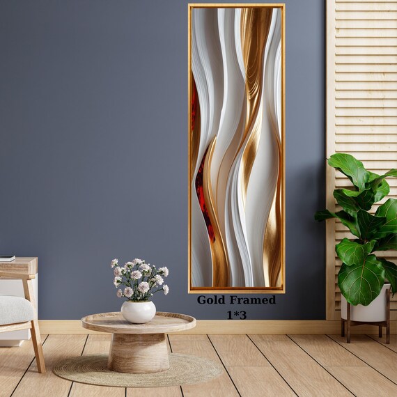 Long Vertical Abstract Wall Art, Gold and White Flow Canvas, Framed Modern Narrow Decor
