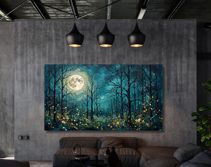 Dark Forest Moon Stars Canvas Print, Mystical Celestial Night Sky Bedroom Poster
