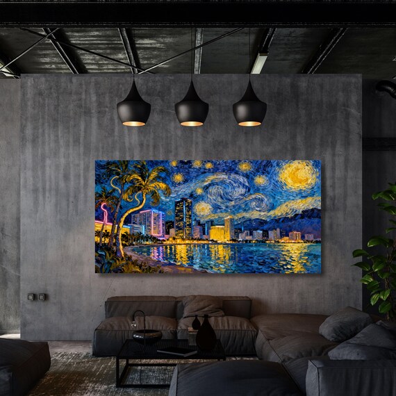 Miami at Night in the Style of Van Gogh – Starry Night Inspired Canvas Wall Art Ready to Hang/ poster City Night Wall Art