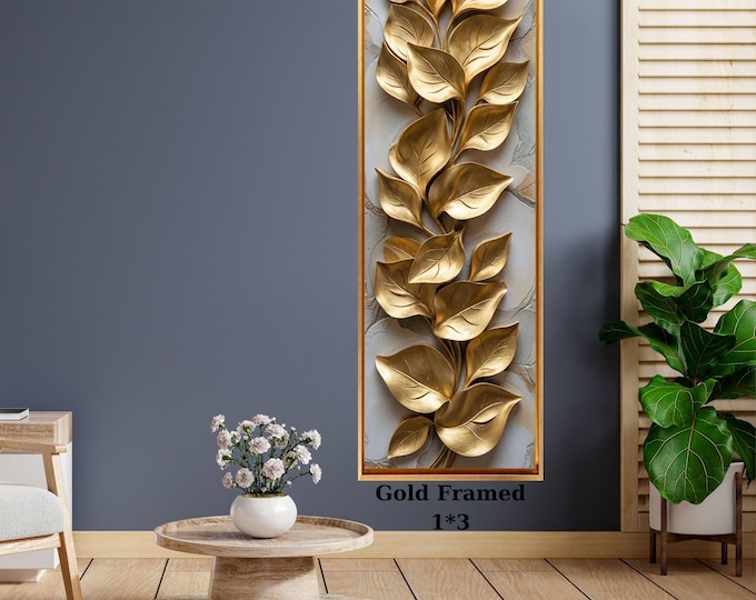 Modern Gold Canvas Wall Art, Tall Tree and Mountain (Vertical, Narrow)