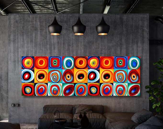 Panoramic Wassily Kandinsky Inspired Canvas Wall Art,Abstract Colorful Circles Painting,Bauhaus Style Decor,Mid Century Modern Geometric Art