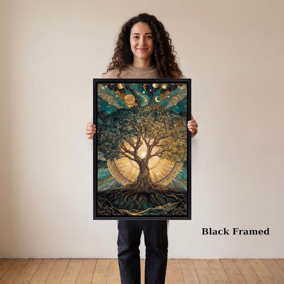 Tree of Life Canvas Wall Art,Klimt &Dali Inspired Vertical Print,Mystical Sun and Moon Wall Decor,Surreal Spiritual Tree art,Tall Gold Decor