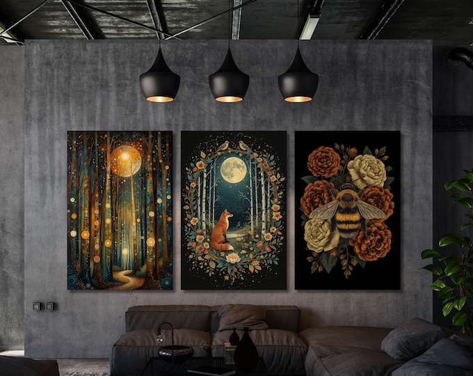 Klimt Style Canvas Art Set: Night Sky, Moon, Flowers