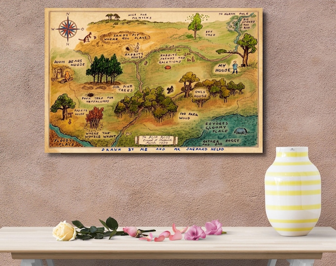 Hundred Acre Wood Map Canvas Print, Winnie the Pooh Vintage Illustration, Nursery Wall Art