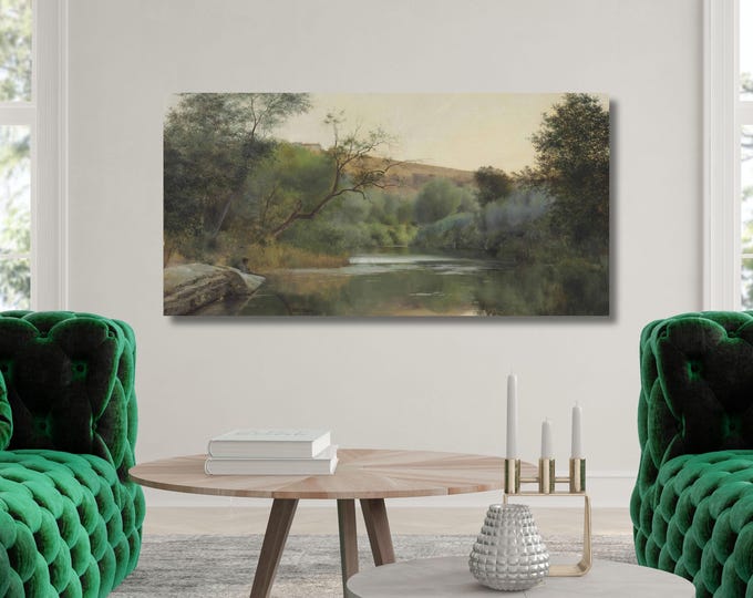 Panoramic Emilio Sanchez-Perrier (Spanish, 1855-1907) Large Framed River Landscape Canvas Print: Rustic Farmhouse Wall Art