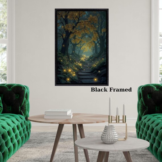 Twilight Forest Canvas Wall Art Enchanted Path Print with Glowing Fireflies Mystical Woodland Scene for Bedroom or Living Room Wall Decor