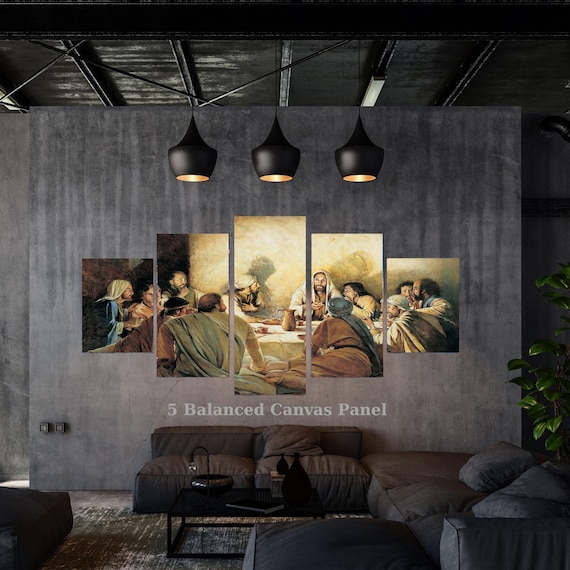 5 Piece Last Supper Canvas Wall Art, Classic Religious Decor, Multi Panel Framed Ready to Hang Christian Mural, Large Gift