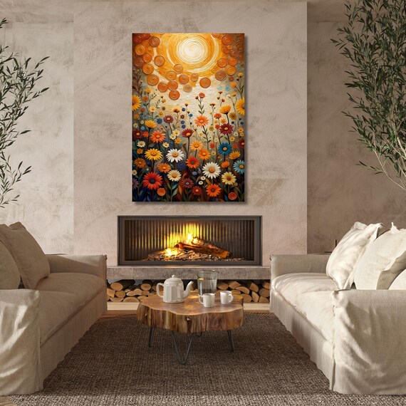 Long Sunshine Canvas, Bedroom Wall Art, Sunrise Klimt Wall Art Above Panoramic Sun Wall Art Christmas Gift Artwork Sunset Canvas Wall Art