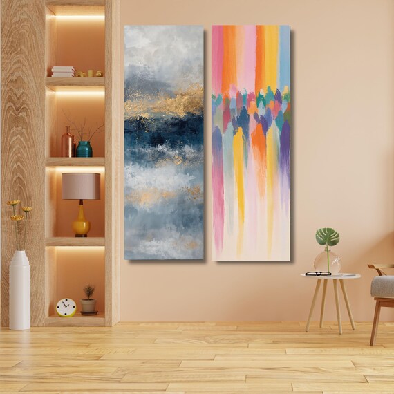 Set of 2 Panoramic Blue Gold Abstract Canvas Wall Art, Large Framed Print,Oversized Minimal Modern Painting, Luxury Home Decor Wall Hangings