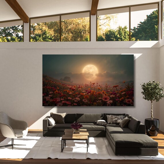 Full Moon Wildflower Field Canvas Print: Rustic Mountain Art