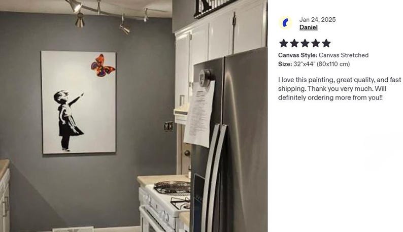 a kitchen with a refrigerator, stove, and a painting of a person reaching for a butterfly on the wall.