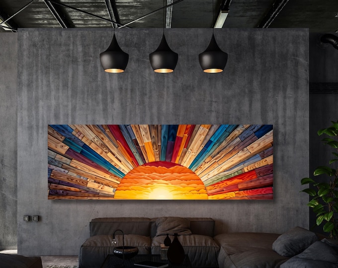 Sunrise Wood Panel Wall Art: Colorful Sunburst Canvas Print (Above Bed Decor)