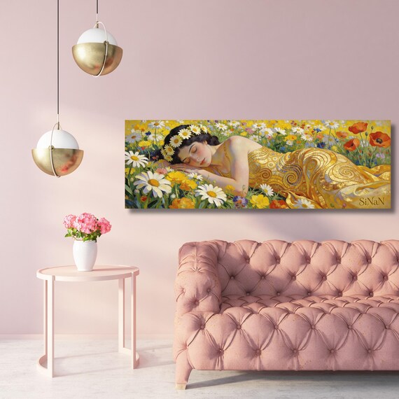 Klimt style Sleeping Woman in a wildflowers Narrow Canvas Print, Tall Vertical Wall Art
