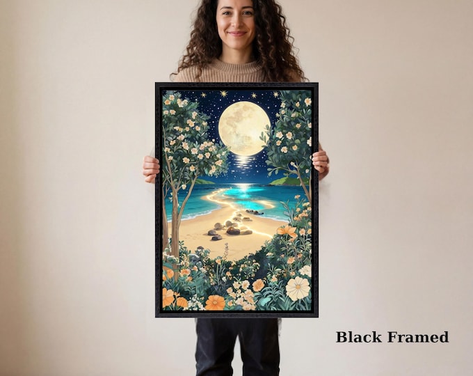 William Morris Moonlit Beach Print Klimt Style Floral Coastal Landscape Living Room Decor