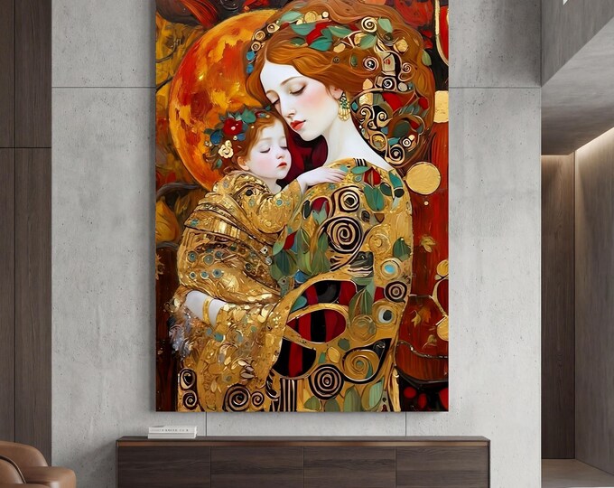 Mother and Child Gustav Klimt Style Canvas – Modern Gold Symbolist Wall Art