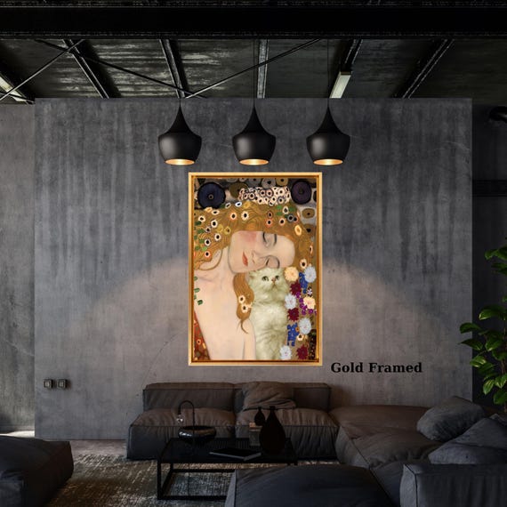 Gustav Klimt Inspired Mother and Cat Canvas – Whimsical Art Nouveau Style Wall Art – Cozy Decorative Print for Home or Nursery poster canvas