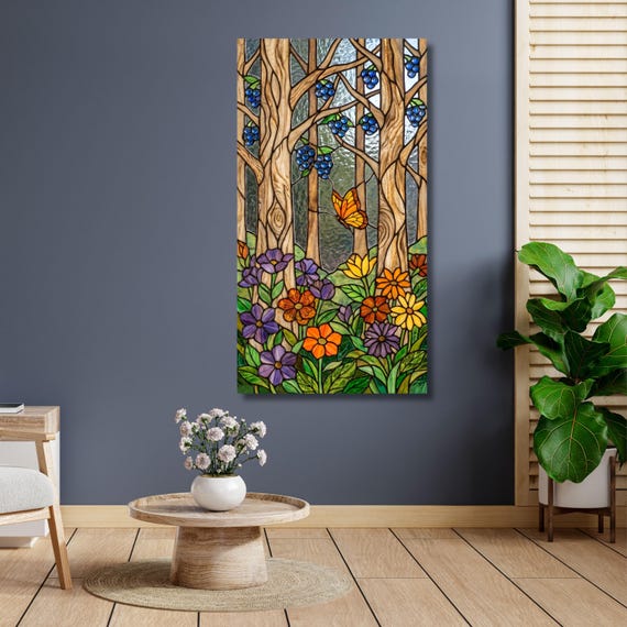 Long Narrow Canvas Wall Art Vertical Nature Print Tall Stained Glass Nature Mural, Wall Decor for Hallway, Entryway or Small Space Styling