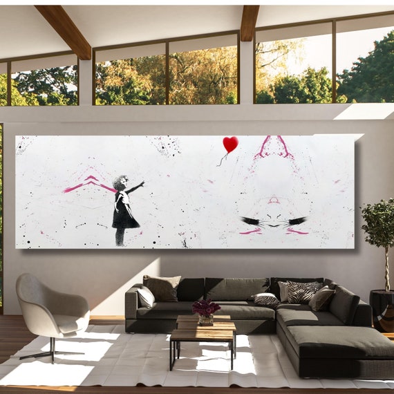 Panoramic Banksy Balloon Girl Canvas Wall Art,Graffiti Wall Art,Colorful Butterfly Girl Wall Art,Street Art,Trendy Wall Decor,Christmas Gift