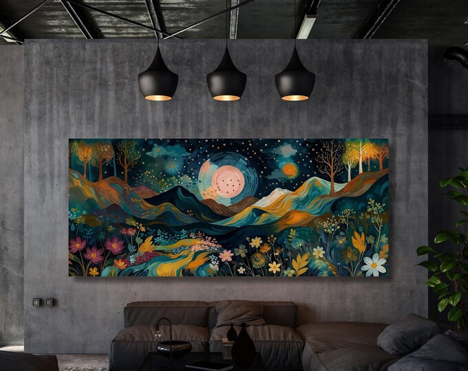 Dreamy Night Mountain Landscape Canvas Print, Mystical Moon and Flower Field Art, Large Panoramic Nature Print, Whimsical Night Scenery