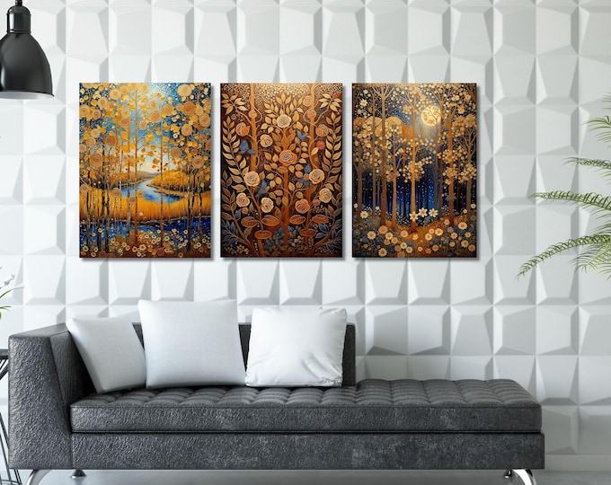 Set of 3 Sunrise Canvas Wall Art Above Bed Decor Full Moon Wildflower, Flower Garden Flower Market canvas,Moonlit Pine Tree Forest Rustic