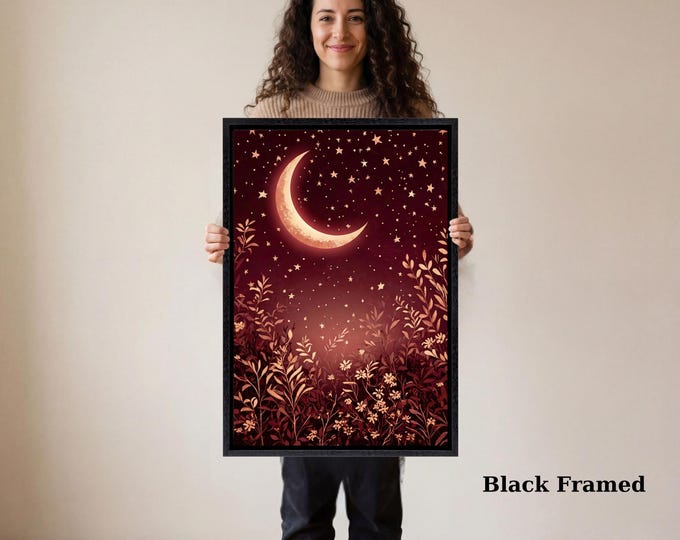 Moonlit Forest Canvas Wall Art, Vintage Wildflowers Painting, Celestial Night Sky