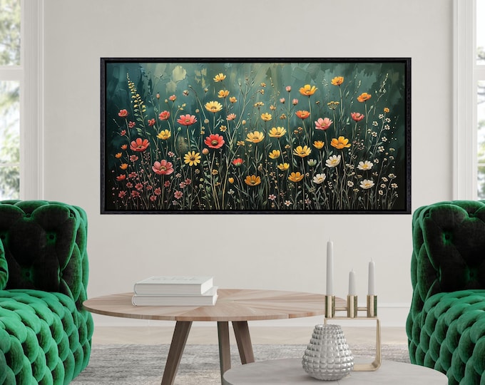 Wildflower Field Canvas Wall Art, Vintage Botanical Landscape Print, Floral Farmhouse Decor, Rustic Flower Field Wall Hangings Farmhouse