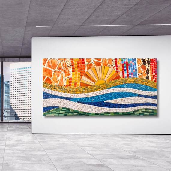 Long Sunshine Canvas, Bedroom Wall Art, Sunrise Mosaic Wall Art Above Panoramic Sun Wall Art Christmas Gift Artwork Sunset Canvas Wall Art