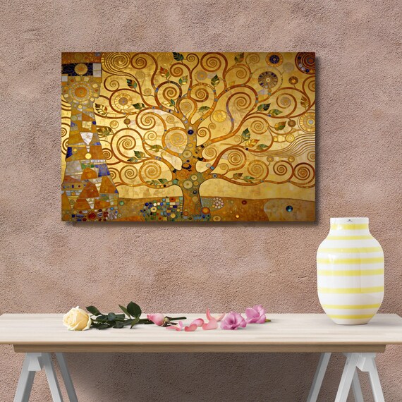Modern Klimt Style Tree of Life Canvas Art, Gold Abstract Tree Mural, Contemporary Art Nouveau Decor, Unique Masterpiece Print