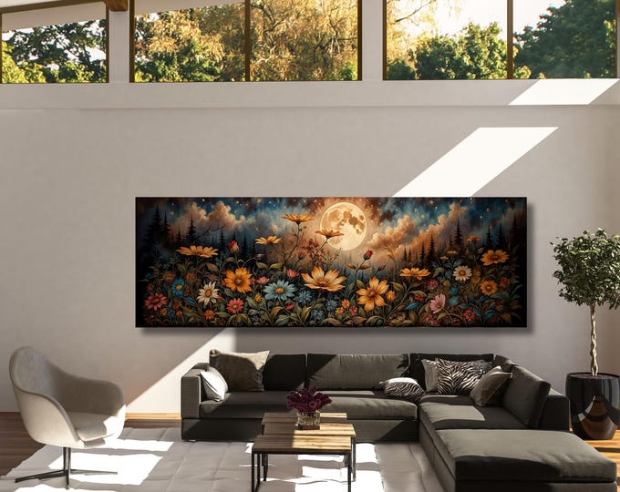 Full Moon Wildflower Canvas, Flower Garden Flower Market canvas, Moonlit Pine Tree Forest wall Art, Rustic Mountain Art, Woodland Klimt Gift