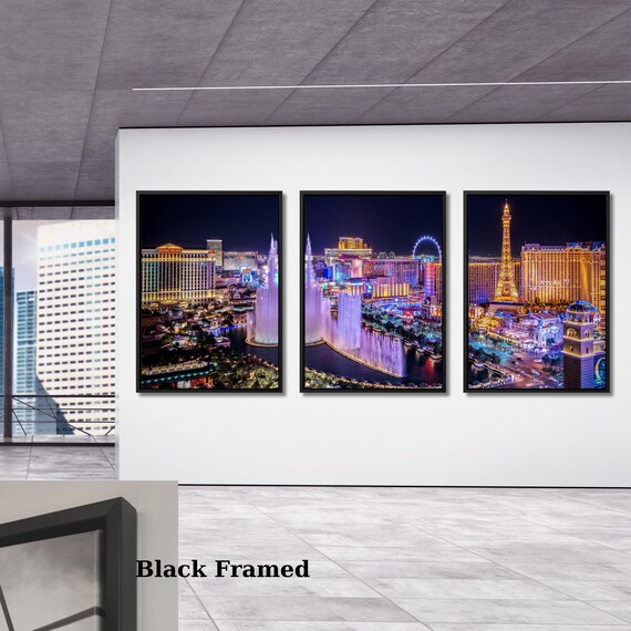 Las Vegas Strip Fountain Glow Night City  Las Vegas Skyline Set of 3 Piece Wall Canvas Print Modern Art Poster Home Decor Gift For Him Her