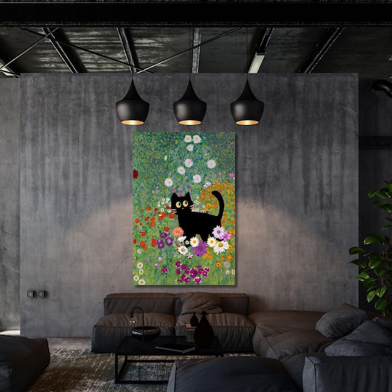 Klimt Black Cat Canvas Print: Flower Garden Wall Art (Ready to Hang)