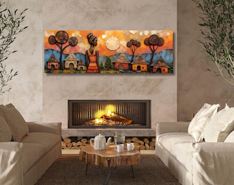 African Village Scene Canvas Wall Art – Traditional Cultural Ethnic Home Decor