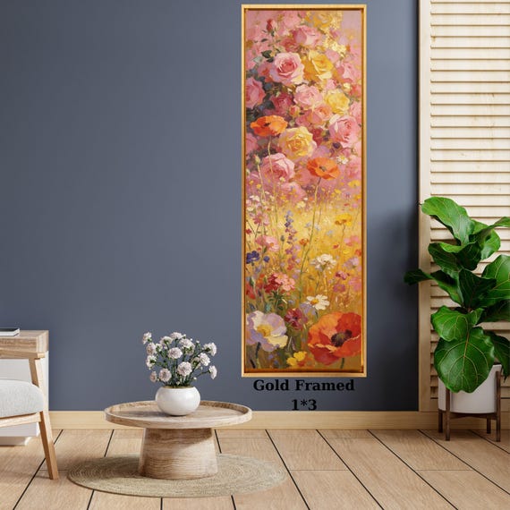 Klimt Style Sunflower Wildflower Garden Tall Narrow Canvas, Botanical Nature Wall Art, Rustic Floral Vertical Print for Hallway or Bedroom