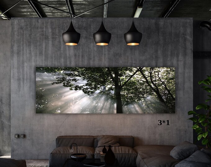 Forest Sun Rays Canvas Wall Art – Long Panoramic Nature Light Beams Decor
